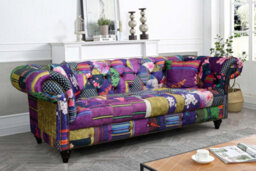 Multicoloured Fabric Patchwork 3 Seater Scroll Arm Chesterfield Sofa - thumbnail 2
