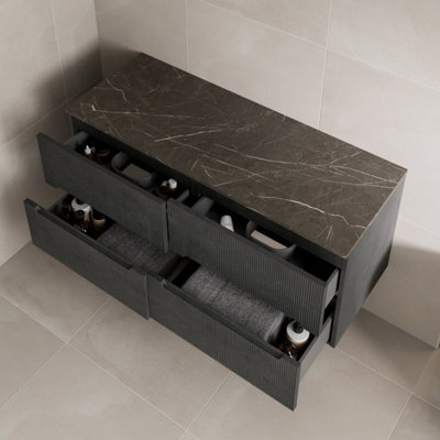 Aveli 1200mm Grey Marble Vanity Unit Double Wall Hung Fluted Storage No Basin Soft Close - image 1