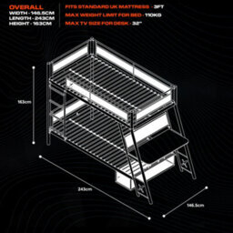 X Rocker X-Rocker Armada Gaming Bunk Bed With Desk Storage Twin High Sleeper 3Ft Single - Black - thumbnail 8