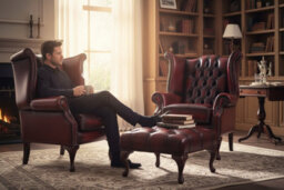 Chesterfield 2 X Wing Chairs + Footstool Antique Oxblood Leather In Queen Anne Style - thumbnail 3