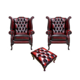 Chesterfield 2 X Wing Chairs + Footstool Antique Oxblood Leather In Queen Anne Style - thumbnail 1