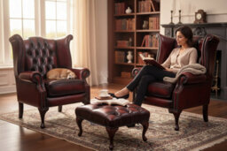 Chesterfield 2 X Wing Chairs + Footstool Antique Oxblood Leather In Queen Anne Style - thumbnail 2