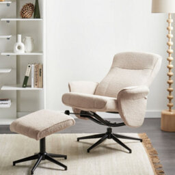Wyld and Coco Recliner Armchair Beige Bouclé Fabric With Matching Footstool, 360 Swivel, Recline. - thumbnail 2