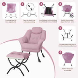 Modern Soft Lounge Chair Set, Ottoman, Upholstered Sofa With Armrests, Side Pocket, Living Room Seating, Pink - thumbnail 4