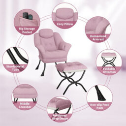 Modern Soft Lounge Chair Set, Ottoman, Upholstered Sofa With Armrests, Side Pocket, Living Room Seating, Pink - thumbnail 3