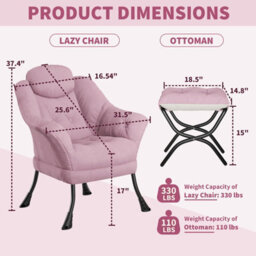 Modern Soft Lounge Chair Set, Ottoman, Upholstered Sofa With Armrests, Side Pocket, Living Room Seating, Pink - thumbnail 5