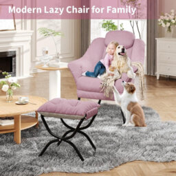 Modern Soft Lounge Chair Set, Ottoman, Upholstered Sofa With Armrests, Side Pocket, Living Room Seating, Pink - thumbnail 2