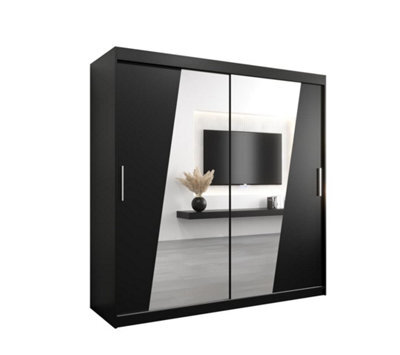 Arte Rhomb Contemporary Mirrored 2 Sliding Door Wardrobe 9 Shelves 2 Rails Black Matt (H)2000mm (W)2000mm (D)620mm - image 1