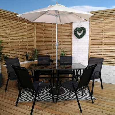 Samuel Alexander Outdoor 6 Person Rectangular Glass Top Garden Dining Table Chairs With Beige Parasol And Base Set - image 1