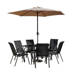 Samuel Alexander Outdoor 6 Person Rectangular Glass Top Garden Dining Table Chairs With Beige Parasol And Base Set - thumbnail 7