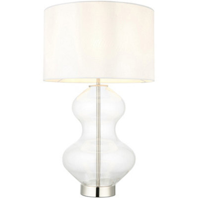 Loops Bright Nickel Plate Table Lamp - Clear Glass With Vintage White Fabric Shade - Touch Dimmable - image 1
