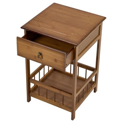 Tea Brown Bamboo Bedside Cabinet Nightstand Side Table W/ 1 Drawer Storage Shelf - image 1
