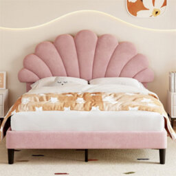 Abrihome 4Ft6 Upholstered Velvet Double Bed Frame With Adjustable Chic Petal Headboard, Solid Wood Slat, No Box Spring Needed, Pink - thumbnail 9