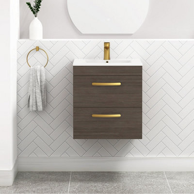 Royal Bathrooms Turin Grey Elm 500mm Wall Hung Vanity Unit 2 Drawer With Minimalist Basin Sink & Brushed Brass Handles - image 1
