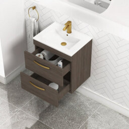 Royal Bathrooms Turin Grey Elm 500mm Wall Hung Vanity Unit 2 Drawer With Minimalist Basin Sink & Brushed Brass Handles - thumbnail 3