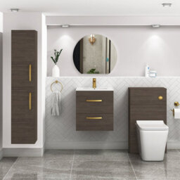 Royal Bathrooms Turin Grey Elm 500mm Wall Hung Vanity Unit 2 Drawer With Minimalist Basin Sink & Brushed Brass Handles - thumbnail 2