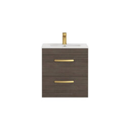 Royal Bathrooms Turin Grey Elm 500mm Wall Hung Vanity Unit 2 Drawer With Minimalist Basin Sink & Brushed Brass Handles - thumbnail 6