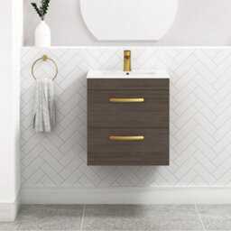 Royal Bathrooms Turin Grey Elm 500mm Wall Hung Vanity Unit 2 Drawer With Minimalist Basin Sink & Brushed Brass Handles - thumbnail 1