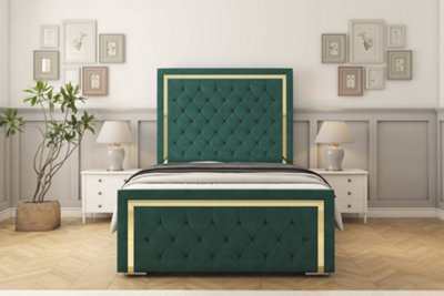 "Sloomy Sofia Gold Emerald Plush Bed Frame With Mattress With 50"" Upholstered Headboard 4'6 Double" - image 1
