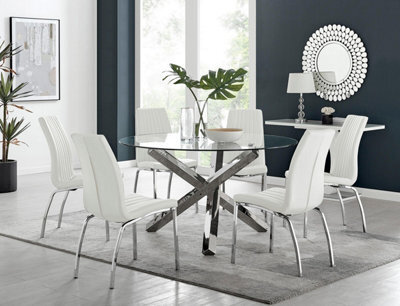 Furniturebox Uk Vogue Large Round Chrome Metal Clear Glass Dining Table And 6 White Isco Dining Chairs Set - image 1
