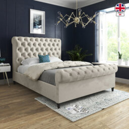 Welshampton Sleigh Upholstered Beige Soft Velvet Designer Bed Frame - thumbnail 4