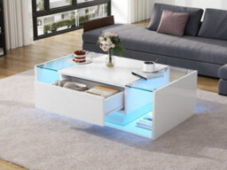 Btm High Gloss Coffee Table With Led, 1 Drawer And Open Storage, Glass Top, 100X50X31Cm, White - thumbnail 9