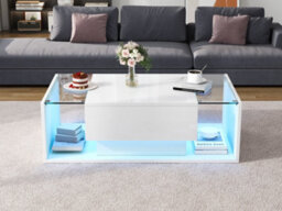 Btm High Gloss Coffee Table With Led, 1 Drawer And Open Storage, Glass Top, 100X50X31Cm, White - thumbnail 8