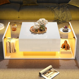 Btm High Gloss Coffee Table With Led, 1 Drawer And Open Storage, Glass Top, 100X50X31Cm, White