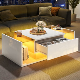 Btm High Gloss Coffee Table With Led, 1 Drawer And Open Storage, Glass Top, 100X50X31Cm, White - thumbnail 2