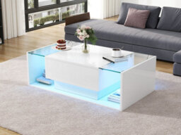 Btm High Gloss Coffee Table With Led, 1 Drawer And Open Storage, Glass Top, 100X50X31Cm, White - thumbnail 7