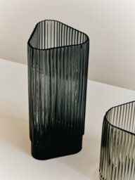 Orsina Small Ribbed Grey Glass Vase, Modern Decorative Vase, Triangular Shaped Vase With Angular Edges, Flower Vase - thumbnail 5