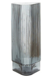 Orsina Small Ribbed Grey Glass Vase, Modern Decorative Vase, Triangular Shaped Vase With Angular Edges, Flower Vase