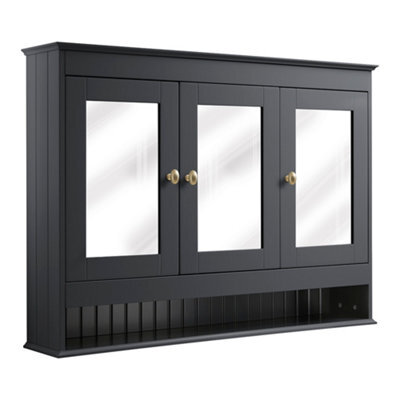 Homestylestore 1050 X 750mm Black Grey Wall Mounted Mirrored Door Bathroom Cabinet And Brushed Brass Round Handles - image 1