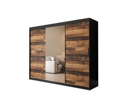 Arte Tilburg 1 Contemporary 3 Mirrored Sliding Door Wardrobe 9 Shelves 2 Rails Dark Oak Effect & Black (H)2000mm (W)2500mm (D)620mm - image 1