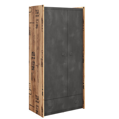 Arte Stylish Fargo Hinged Wardrobe With Shelves And Drawer In Raw Steel & Canyon Alpine Spruce (W900M X H1910mm X D520mm) - image 1