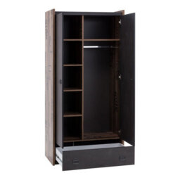 Arte Stylish Fargo Hinged Wardrobe With Shelves And Drawer In Raw Steel & Canyon Alpine Spruce (W900M X H1910mm X D520mm) - thumbnail 4