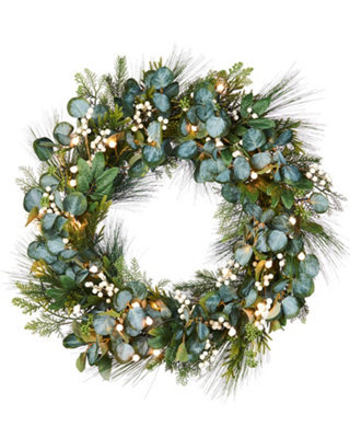 Werchristmas 76 Cm Pre-Lit Artificial Christmas Wreath With Eucalyptus And Berries, 40 Warm White Leds - image 1