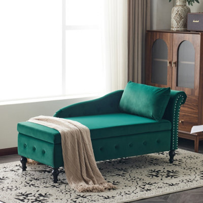 Abrihome Velvet Chaise Lounge Sofa With Storage, Upholstered Chaise Lounge Couch With Pillow For Living Room, Right Armrest, Green - image 1