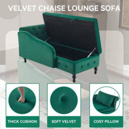 Abrihome Velvet Chaise Lounge Sofa With Storage, Upholstered Chaise Lounge Couch With Pillow For Living Room, Right Armrest, Green - thumbnail 4