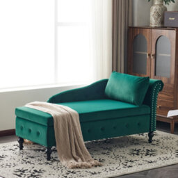 Abrihome Velvet Chaise Lounge Sofa With Storage, Upholstered Chaise Lounge Couch With Pillow For Living Room, Right Armrest, Green