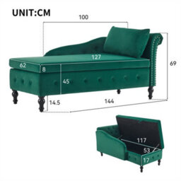 Abrihome Velvet Chaise Lounge Sofa With Storage, Upholstered Chaise Lounge Couch With Pillow For Living Room, Right Armrest, Green - thumbnail 7