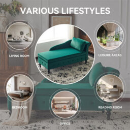 Abrihome Velvet Chaise Lounge Sofa With Storage, Upholstered Chaise Lounge Couch With Pillow For Living Room, Right Armrest, Green - thumbnail 2