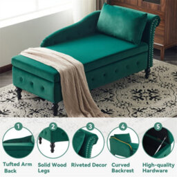 Abrihome Velvet Chaise Lounge Sofa With Storage, Upholstered Chaise Lounge Couch With Pillow For Living Room, Right Armrest, Green - thumbnail 3