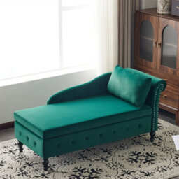 Abrihome Velvet Chaise Lounge Sofa With Storage, Upholstered Chaise Lounge Couch With Pillow For Living Room, Right Armrest, Green - thumbnail 9