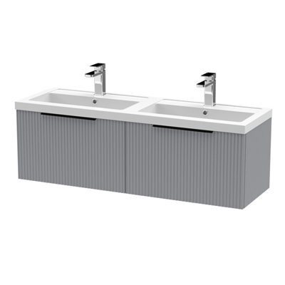 Balterley Fluted Front Wall Hung 2-Drawer Bathroom Vanity Unit With Double Basin, 1200mm, Satin Grey, Black Handles - image 1