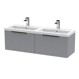 Balterley Fluted Front Wall Hung 2-Drawer Bathroom Vanity Unit With Double Basin, 1200mm, Satin Grey, Black Handles - thumbnail 1