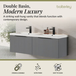 Balterley Fluted Front Wall Hung 2-Drawer Bathroom Vanity Unit With Double Basin, 1200mm, Satin Grey, Black Handles - thumbnail 2