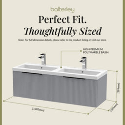 Balterley Fluted Front Wall Hung 2-Drawer Bathroom Vanity Unit With Double Basin, 1200mm, Satin Grey, Black Handles - thumbnail 5