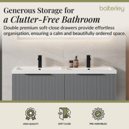 Balterley Fluted Front Wall Hung 2-Drawer Bathroom Vanity Unit With Double Basin, 1200mm, Satin Grey, Black Handles - thumbnail 3