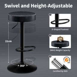 "Stoolink Breakfast Bar Stools Set Of 2, Backless Swivel With Footrest, Adjustable 25.8""-33.7"" Microfiber Leather - Ink Black" - thumbnail 7